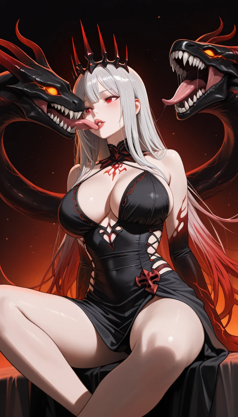 (Masterpiece:1.2, Best quality), 1 milf, Arceriot, bangs, White hair, Red eyes, Demon tail, demonic wings, Gradient, Gradient_Background, Black slit dress, Horns, Long hair, view the viewer,  Sleeveless, Smile, Solo, Tongue stock, Tongue out, Big breasts