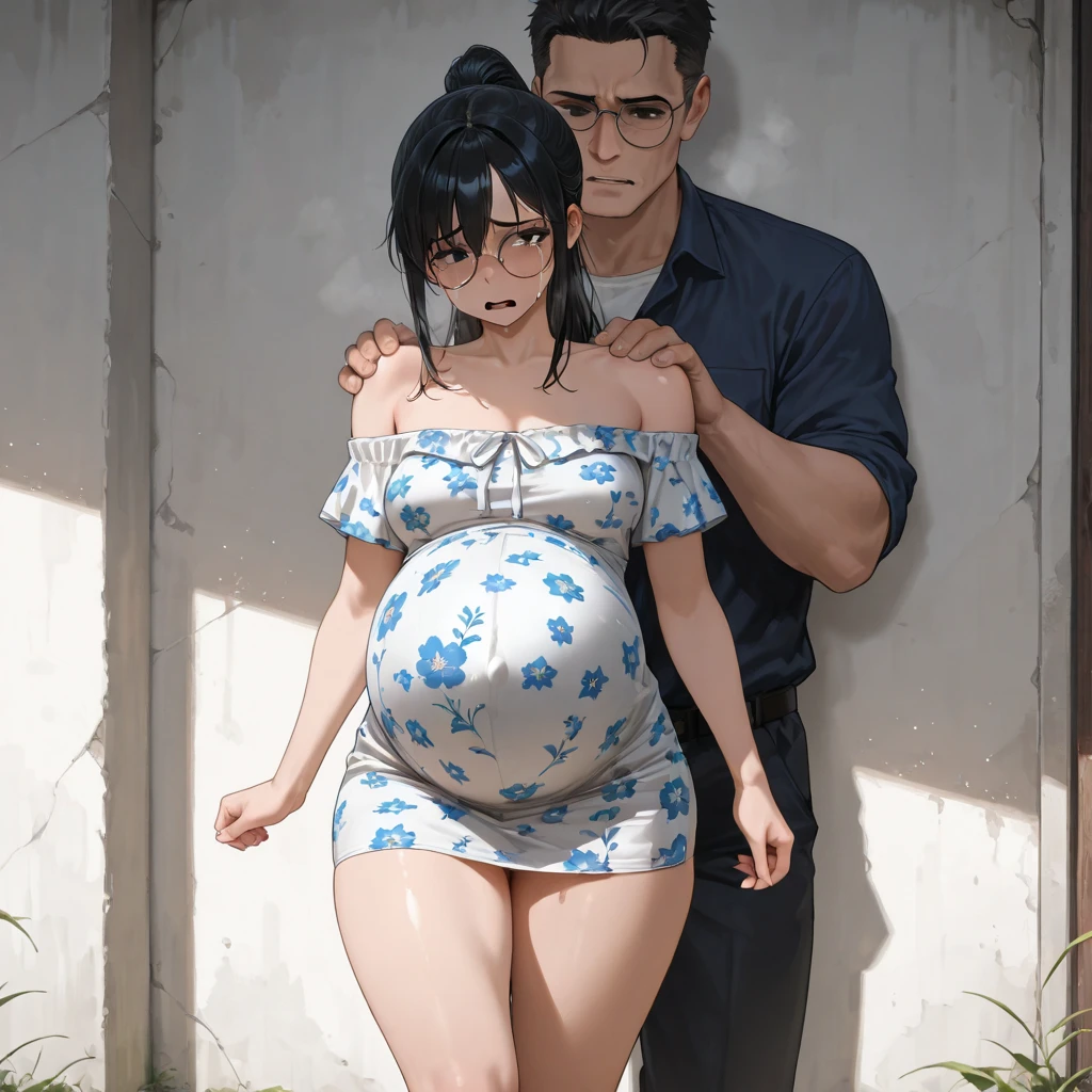 girl, no clothes, no underwear, nude, no pubic hair, large breasts, flat medium length brunette hair, looking down at me, I am under her with my penis in her vagina, cum dripping out of her genitals, cum dripping out of her vagina, she is smiling with pleasure, pregnant, large pregnant stomach, extremely detailed face, high quality, photo taken from a distance, full body image, standing behind her with his hand on her belly is a white male with very white skin, he has a bald head with a large orange beard, he is nude with a very large penis, zoomed out, extremely detailed face, extremely accurate face, perfect teeth