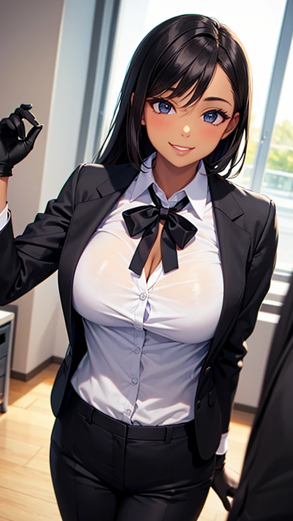 Sexy woman in a black suit tie smile