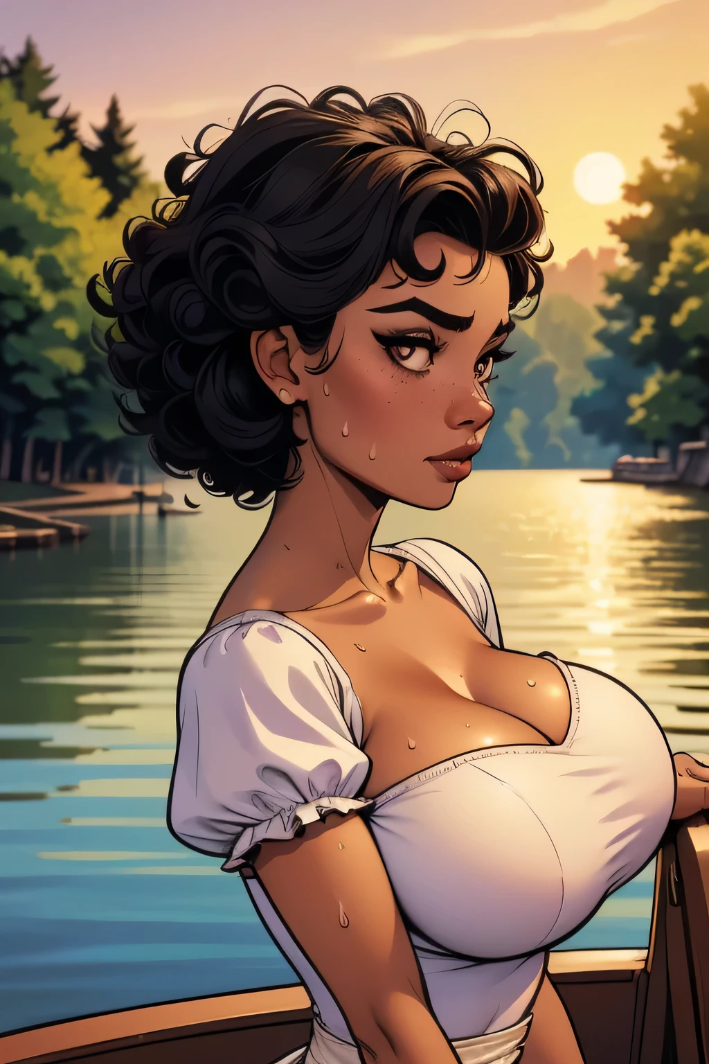 ( Absurdo, hd , Ultra detailed, be careful with your hand ) Close-up view of a thin and athletic woman, 25 anos, 8k (( high definition )), thoughtful face, look seductive, brown eyes, wearing a lilac high-waisted long dress (( with boat neckline, short sleeves )), thin waist, arms at the sides of the body, ebony skin , black hair (( short and curly )), she is hiking through the forest (( upper body, side view )), with freckles on the neck and breasts , (( big breasts, sweaty and round, suaves )), (( Well defined collarbone)). Marvel style (( hq )), dense forest and sunset in the background.