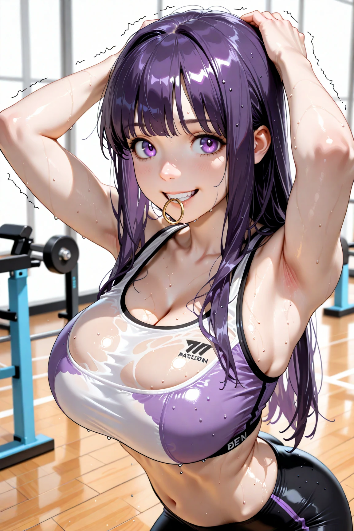 1girl, solo, long hair, breasts, looking at viewer, blush, smile, open mouth, simple background, black hair, white background, cleavage, bare shoulders, medium breasts, purple eyes, collarbone, swimsuit, ponytail, :d, thighs, cowboy shot, armpits, arms up, side ponytail, wet, one-piece swimsuit, bare arms, covered navel, highleg, thigh gap, arms behind head, competition swimsuit, black one-piece swimsuit, highleg swimsuit, wet swimsuit
