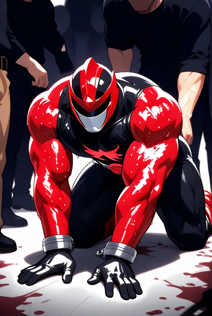 animation, Highest quality, Highest quality, High quality illustrations, masterpiece, Ultra-high resolution, Detailed Background, stable, Absurd, Perfect Anatomy, performance, Good lighting, Shadows in the movies(kemono, Furry Personifi猫ion), horse, Muscle Body, Red Rubber Suit, latex, neon, neonライト, neonカラー, Bodysuits, Cyber Suit, cyber punk, Rubber mask, Harness, big bulge, Dynamic Angle