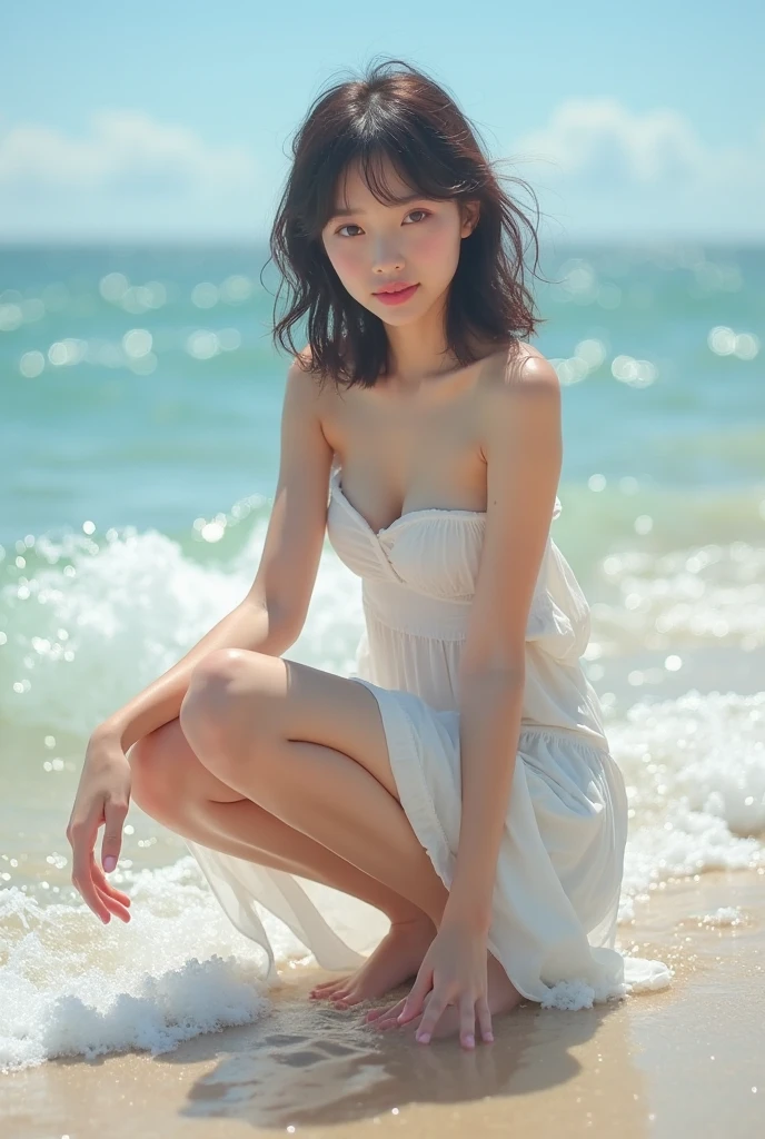 8K、having vaginal sex:2.2, full body, sea the background of、Neat and clean schoolgirl, petite person, See-through clothes, (slim, Small, Flat, Small), Twin-tailed, Photorealistic, detail, (Detailed skin texture:1.15), Ultra Detail, Wear sandals, delicate sexy collarbone, Smile, Super Detailed Face, Detailed lips, Detailed eyes, 15 years old girl、Delicate eyebrows、Little baby face、Professional Photography、watching at viewers、South Island Sea