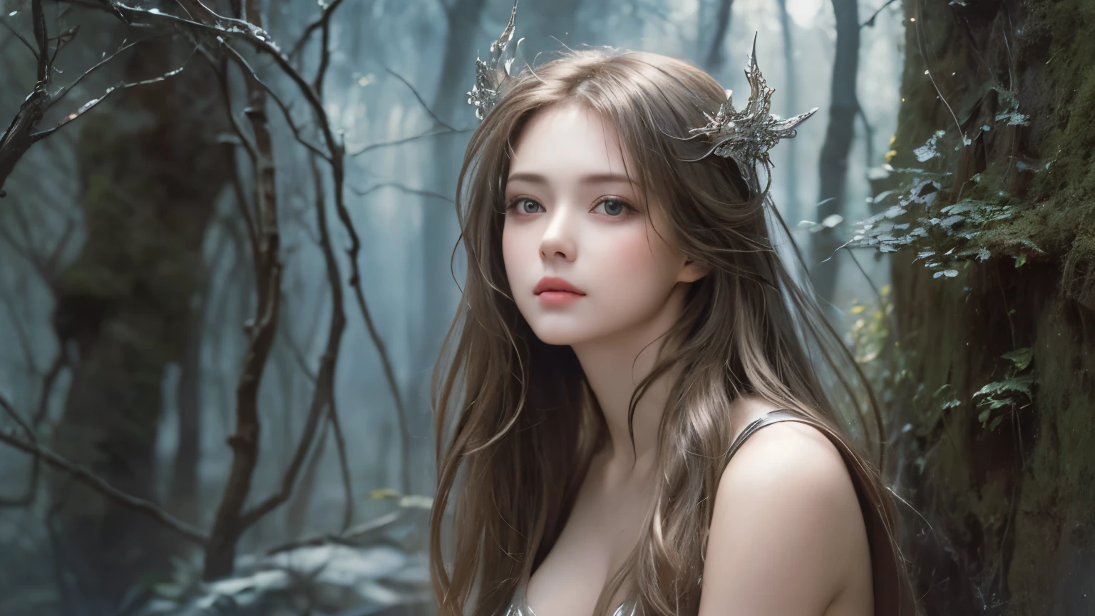 A stunning masterpiece by Luis Royo, featuring a top-quality and realistic portrayal of a beautiful girl with shiny, natural skin texture. This surreal portrait captures the essence of youth and beauty, with intricate details on the girl's two arms and two legs.