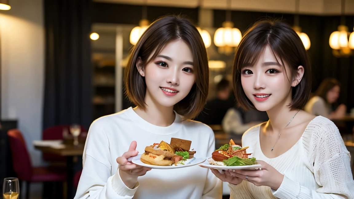 ((Highest quality、8k、masterpiece:1.3))、cute、Slim couple、Model Couple、Actress、(Realistic, Intricate details:1.2), full-course dinner、Wine Party、Amazing view of the sunset sky and clouds、A bright smile、short hair,Bright Face、 (45 years old), 48 years old, red wine 、Appetizers、Italian food、Wine bottle、Champagne、sparkling wine、Two beauties、Brown Hair、Shortcuts、Long sleeve shirt、dress、Beautiful woman 1, (Slim face), (The body is slim), (Brown Hair), (Shortcuts), cheeks turn a little red,Attractive beauty、restaurant, In a prominent place (From the waist up) Nova Frog Style, actress, model, Upper Body, White wine, slim, wine glass, A wine glass placed in the center, smile, (smile: 1.15), Beautiful fine grain, Depth f/2,saturation, High Contrast, Strong light and shadow,Moist Body:1.5、3D texture、Delicate eyes、Brown Hair、The hair is very shiny、
