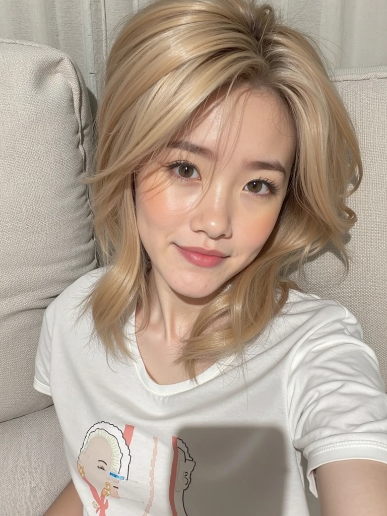 (Realistic:1.3、Ultra HD、Ultra-high resolution、8k、Japanese office lady、Collared shirt、Sleep on your back)、((Looking into the camera:1.8))、(Extremely realistic skin texture:1.4)、(Realistic:1.3)、short hair、(Embarrassed look:1.5)、(Blonde Hair:1.5)、(40-year-old woman、Mature Woman)、Ponytail hairstyle、(Raise her arm to show her armpit:1.3)、(Face close-up:1.0)