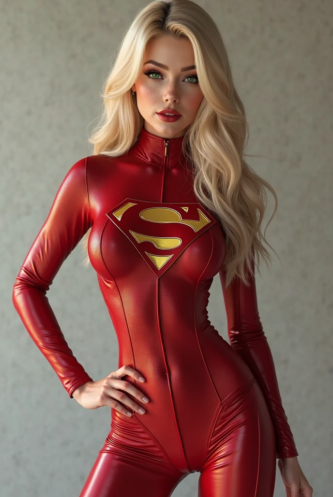 4k, realistic, charismatic, very detailed, there is a girl in the sky, dressed in a super girl costume, she is a super girl, superhero theme, blonde short hair, ponytail, 20 years, full body, (detail in the eyes), (detail in the face), incredibly beautiful, blue eyes, blush, makeup, ((red lipstick)), ((miniskirt)), (wide hips), (thick thighs), small breasts, dress,, seductive pose, (extreme hourglass figure), thin, svelte, white skirt, boots, ((tight t-shirt))