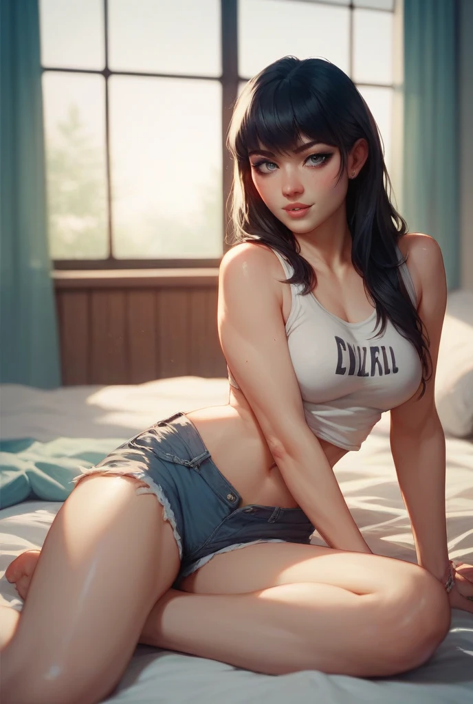 Create a high-quality, detailed image of a beautiful, anime lofi girl with long hair, bright blue eyes, and a smile, sitting at her gaming PC in her cozy room. She has tattoos and wears a sexy see through tank top, showing her midriff with sleep shorts. The warm, inviting scene includes soft ambient lighting, comfortable seating, and a high-end PC setup with multiple monitors and RGB lighting. The setting is illuminated by a small lamp, creating a serene and intimate atmosphere (HIGH QUALITY)