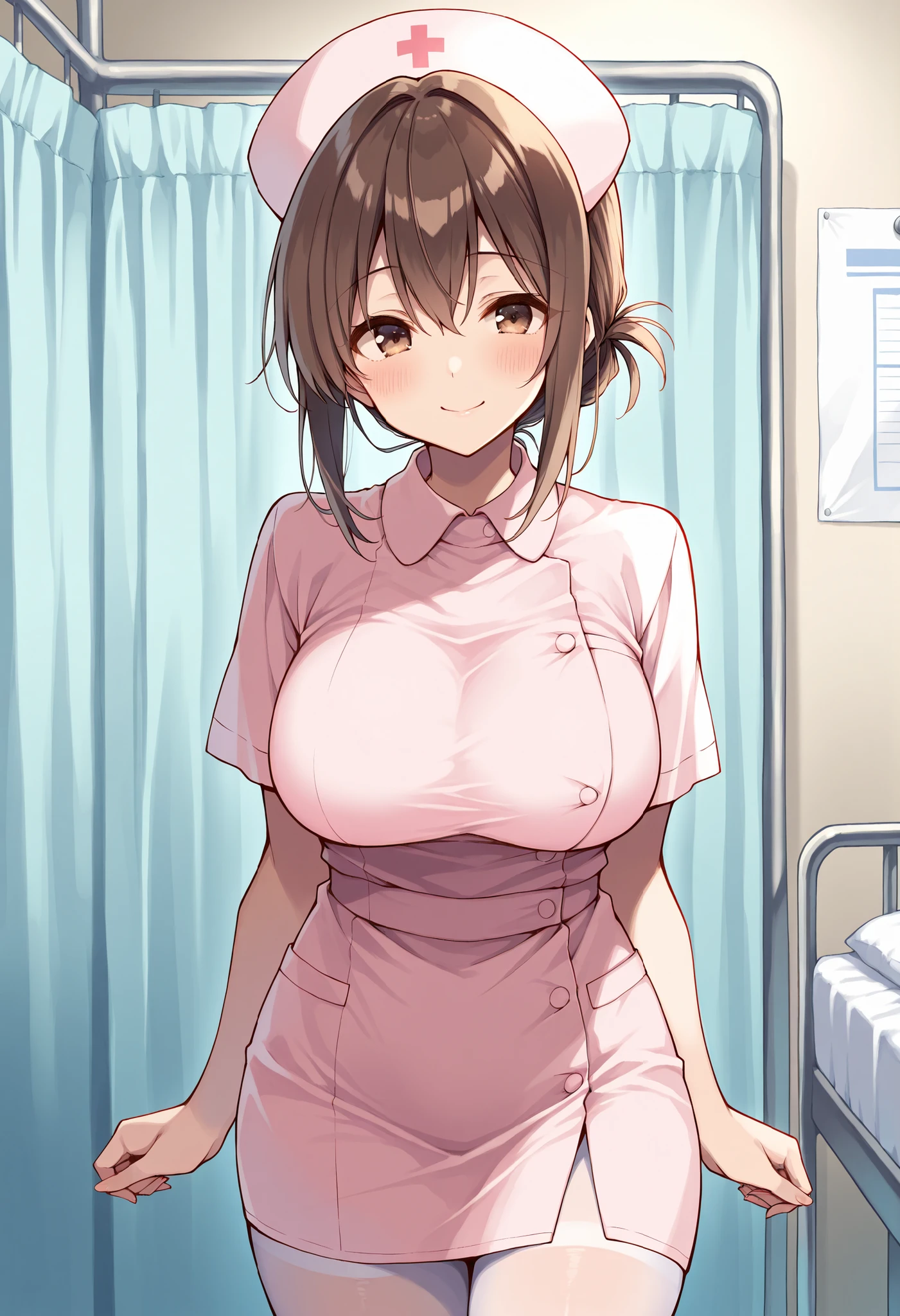 Score_9, score_8_up, score_7_up, source_anime, akagimio, solo, brown hair, brown eyes, (best quality), (high quality), {masterpiece}, extremely delicate and beautiful, ultra-detailed, beautiful detailed eyes, nurse, nurse cap, pink dress, short sleeves, white pantyhose, large breasts, hospital room, smile, closed mouth, standing