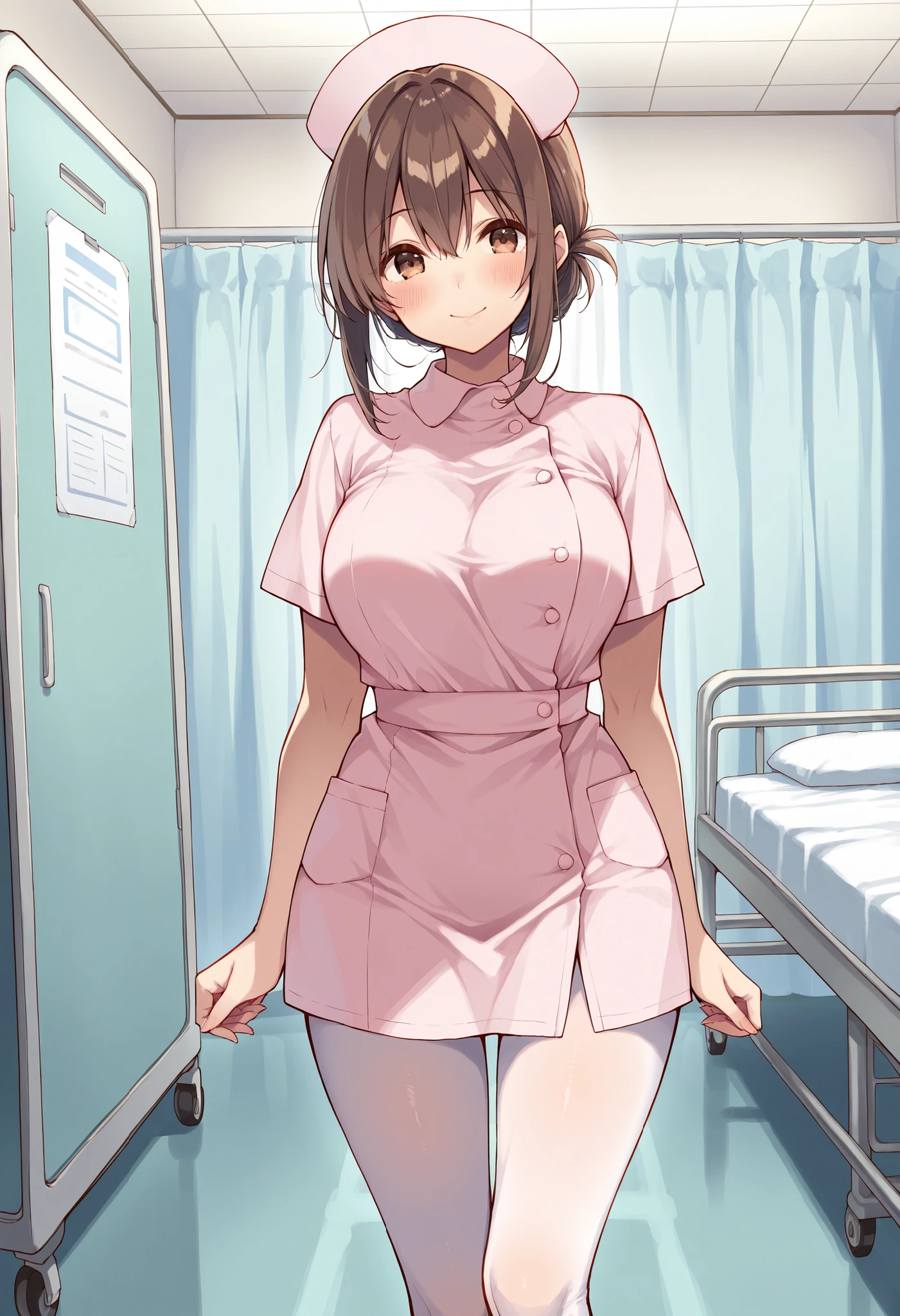 Score_9, score_8_up, score_7_up, source_anime, akagimio, solo, brown hair, brown eyes, (best quality), (high quality), {masterpiece}, extremely delicate and beautiful, ultra-detailed, beautiful detailed eyes, nurse, nurse cap, pink dress, short sleeves, white pantyhose, large breasts, hospital room, smile, closed mouth, standing