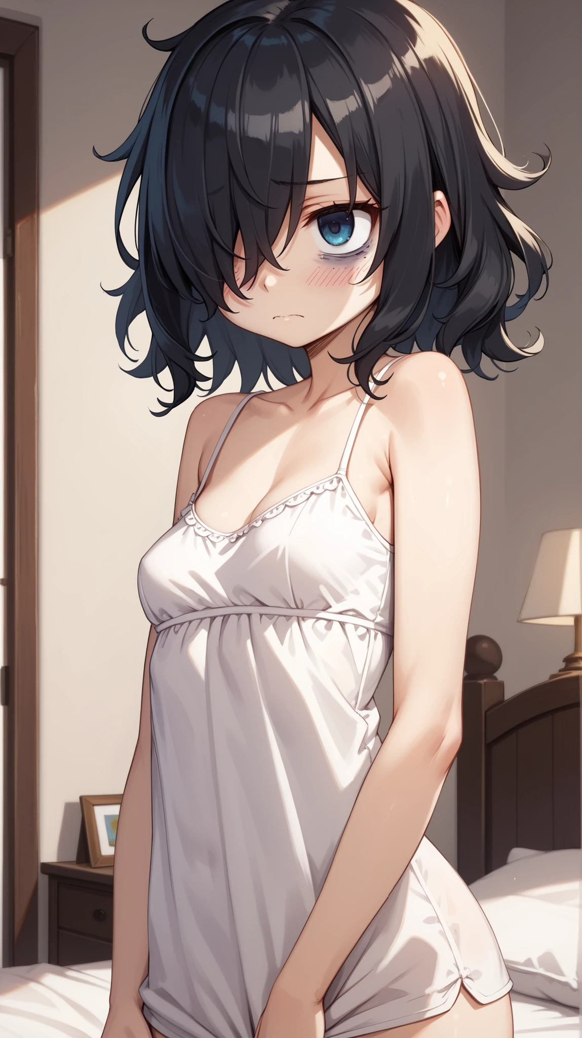 {Highest quality}, {so beautiful}, {Very detailed,beautiful face:1.4}, {Best illustrations},tomokoxl, hair over one eye, bags under eyes, black hair,Medium hair,Shaggy Hair,white camisole,Fluttering camisole,Small breasts,(blush,embarrassed:1.4),bed room,standing,upper body,cowboy shot,Mainly portraying a person