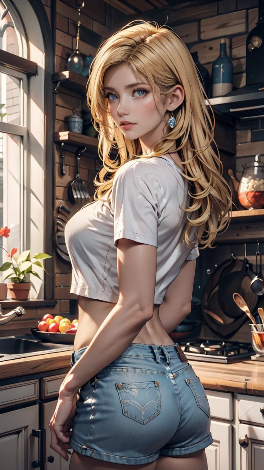 (RAW Photos, 4K, masterpiece, High resolution, Very complex) (Realistic: 1.4), Cinema Lighting, 1 girl, Focus Only, Summer noon, hot, 1990s (style), Denim Lenses, indoor, Short sleeve T-shirt、Sexy proportions、Narrow waist、Erotic female body、Blonde、Silver accessories on the wrist、Realistic shaped breasts(Hanging down due to gravity)Nipple swelling emphasis、smile、