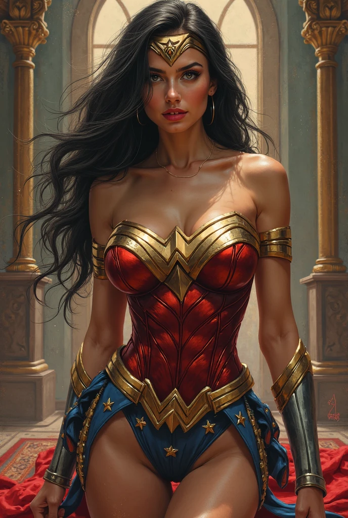 Art image of (Selena Gomez:1.2) as Wonder Woman, busty, beautiful, black hair, large breasts, ancient Athens background, by Louis Royo, Boris Vallejo, Frank Frazetta, extreme focus, sharp details, sexy, oily skin, sexy, naughty, cleavage, crawling