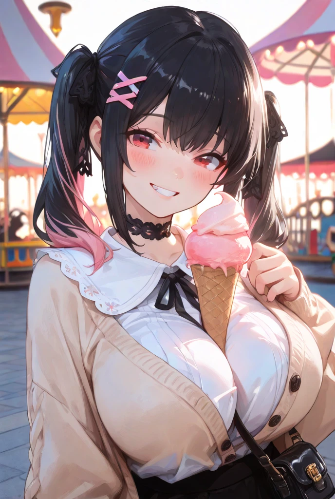 Sit on a chair,Licking ice cream,side view,eye-level shot,face focus,open mouth,tongue out,cum on tongue,(1girl,Beautiful 14 year old girl),((Slender,Small breasts,Baby Face,Small face,)),looking at viewer,Black Hair,bangs,two side up,Gray Eyes,Drooping eyes,slit pupils,narrow eyes,Sheer black and pink negligee,Sexy Lingerie,Black collar with leash,Beautiful and detailed anime art,Mischievous smile,Dimly lit room,Simple Background,Gray background,Low lighting