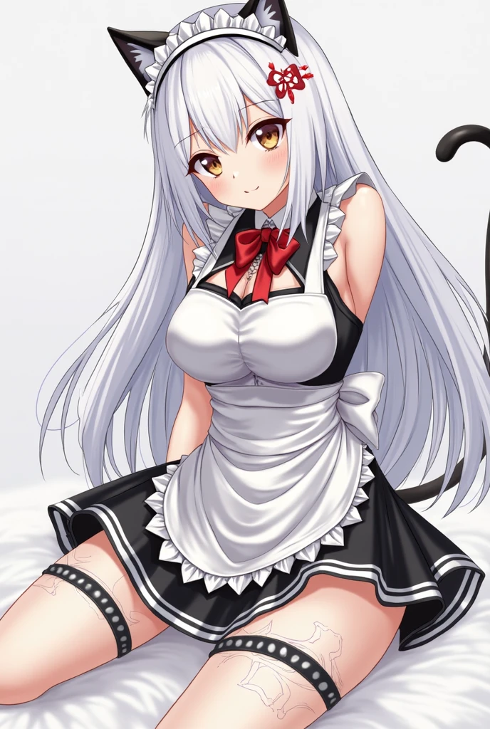 Anime girl with gray hair and cat ears,ruby eyes,is shy,Blushlush,mediuml breasts,white stockings,bshoulders,shift dresses,the sideview,hight contrast,the soft light,tmasterpiece,Extraordinarily good