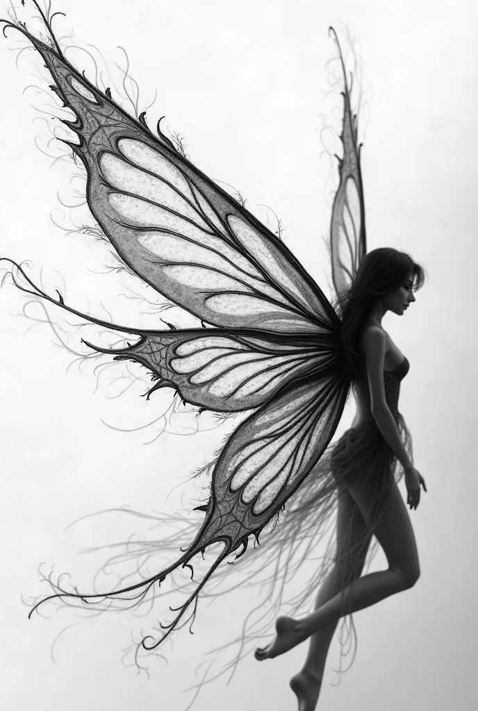 a black and white photo of a woman with wings on her back, spreading her wings, with beautiful wings, fairy wings, gossamer wings, angelic wings on her back, ethereal wings, faerie, beautiful opened wings, fairies have wings, transparent wings, fairy, water fairy, white gossamer wings, large wings, beautiful angelic wings, translucent wings