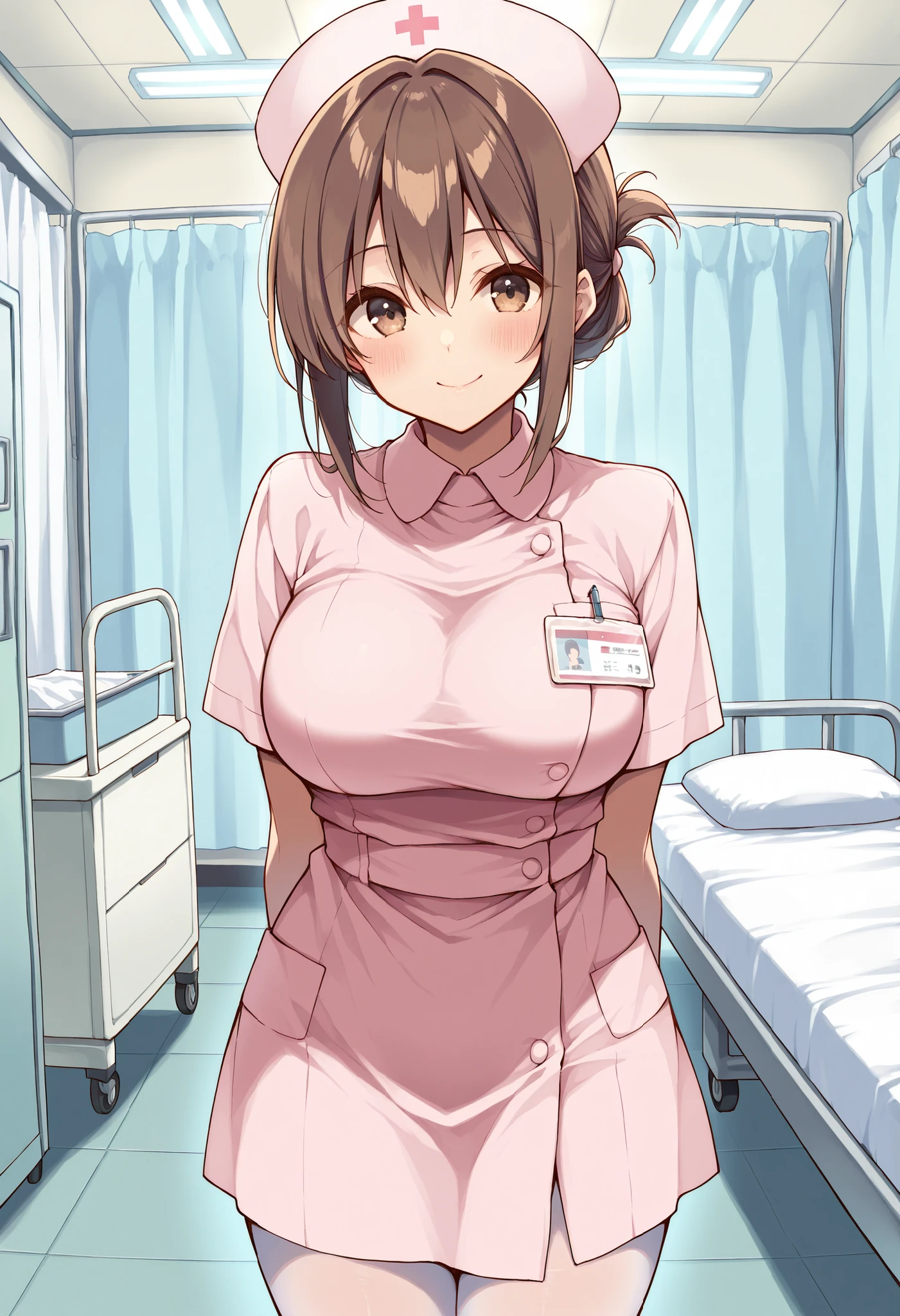 Score_9, score_8_up, score_7_up, source_anime, akagimio, solo, brown hair, brown eyes, (best quality), (high quality), {masterpiece}, extremely delicate and beautiful, ultra-detailed, beautiful detailed eyes, nurse, nurse cap, pink dress, short sleeves, white pantyhose, large breasts, hospital room, smile, closed mouth, standing