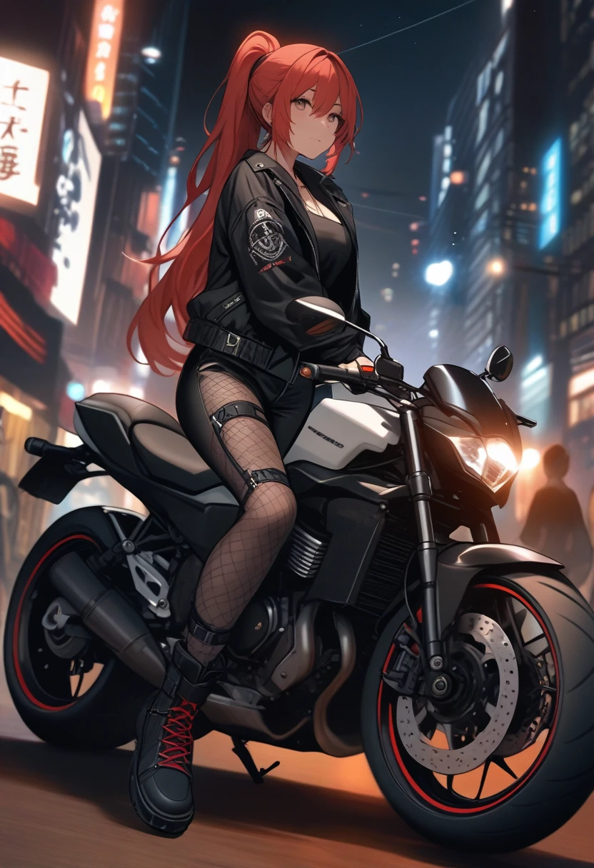 Outrageous resolution,masterpiece++,top-quality++,ultra-definition++,ultra-definition++,4K++,8K++,Anime character girl, 2D, high resolution, extremely detailed, Highest quality, highest image quality, HD, perfect face, beautiful face, Baobhan_sith( fate grand order ),(best quality,4K,highres,huge breasts:1.6, tall:1.3), 1 girl, solo, detailed face, long eyelashes, mascara, red long hair, bright pink hair, pointed ears, vampire girl, big breasts, big ass, sexy body, body curve, slender body, full height, bright skin, red eyes, pink eyes, distinct_image, highly detailed, semi realistic , red pupils,wear crop top black leather jacket, black jeans, high-heeled black boots,black jeans tightening ass, in sci fi city, futuristic city background, afternoon, footpath, backview, rear view, backside, holding a mobile phone by hand, Bow head slightly, look at mobile phone, aggressive eye, angry eye, standing next to black motorcycle, black motorcycle parked, standing side motorcycle,detailed contemporary art,contemporary art Style,beautiful modern gothic pattern wall, whole body, colorful gothic pattern, body paint,colorful gothic pattern body paint