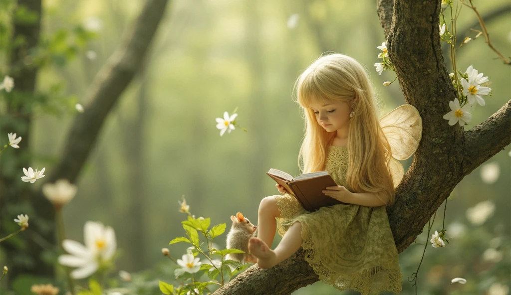 1 little girl sitting reading under a tree on green grass ( It was dawn )
