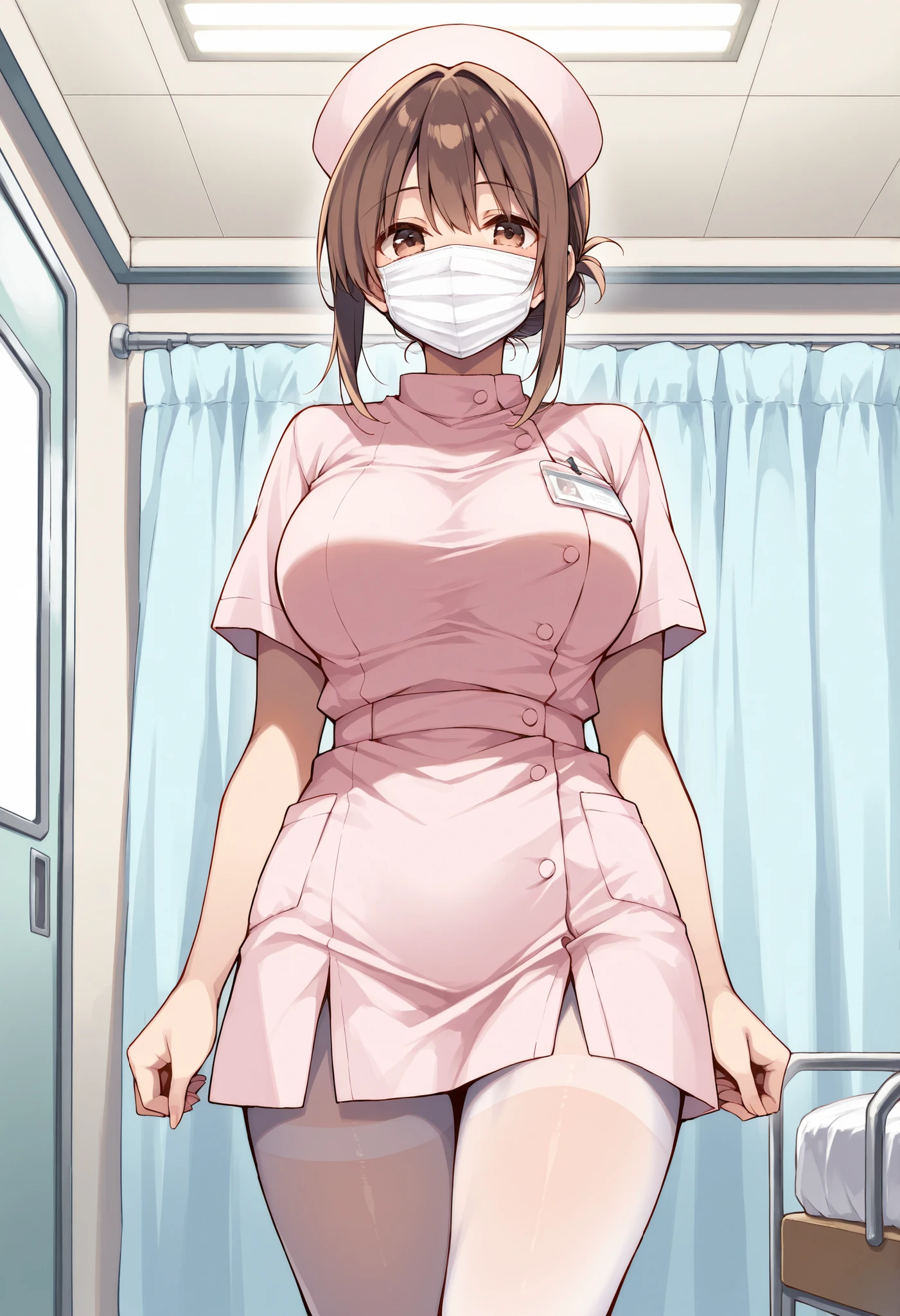 Score_9, score_8_up, score_7_up, source_anime, akagimio, solo, brown hair, brown eyes, (best quality), (high quality), {masterpiece}, extremely delicate and beautiful, ultra-detailed, beautiful detailed eyes, nurse, nurse cap, pink dress, short sleeves, white pantyhose, large breasts, hospital room, ((white mask, mouth mask, covered nose)), standing