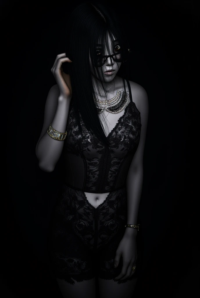 there is a 3D image of a woman in a black dress and glasses, Gothic aesthetic, dark and sensual style, ovelha, neogothic, goth girl aesthetic, Gothic aesthetic, avatar da secondlife, goth girl, gothic mall, secondlife, goth vibe, gothic horror vibes, 2b, 2b, darkwave Gothic aesthetic, gothic chic, seductive cyberpunk dark fantasy