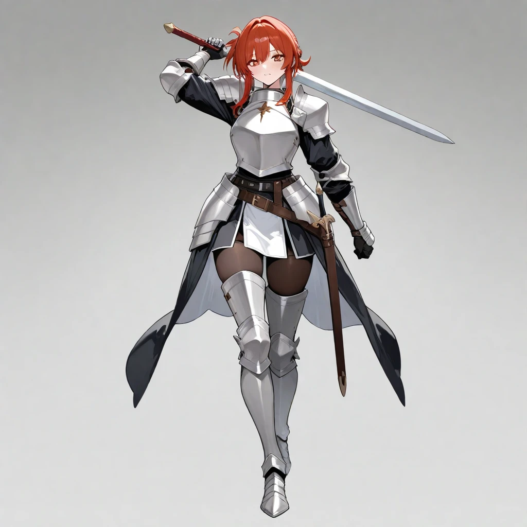 1girl,20 years old,mature female,tiger ears,long hair,(twin braids),(orange hair),templar knight armor,(white background,line drawing),angry,perfil,from side,looking away,raising a sword,battle pose,attacking