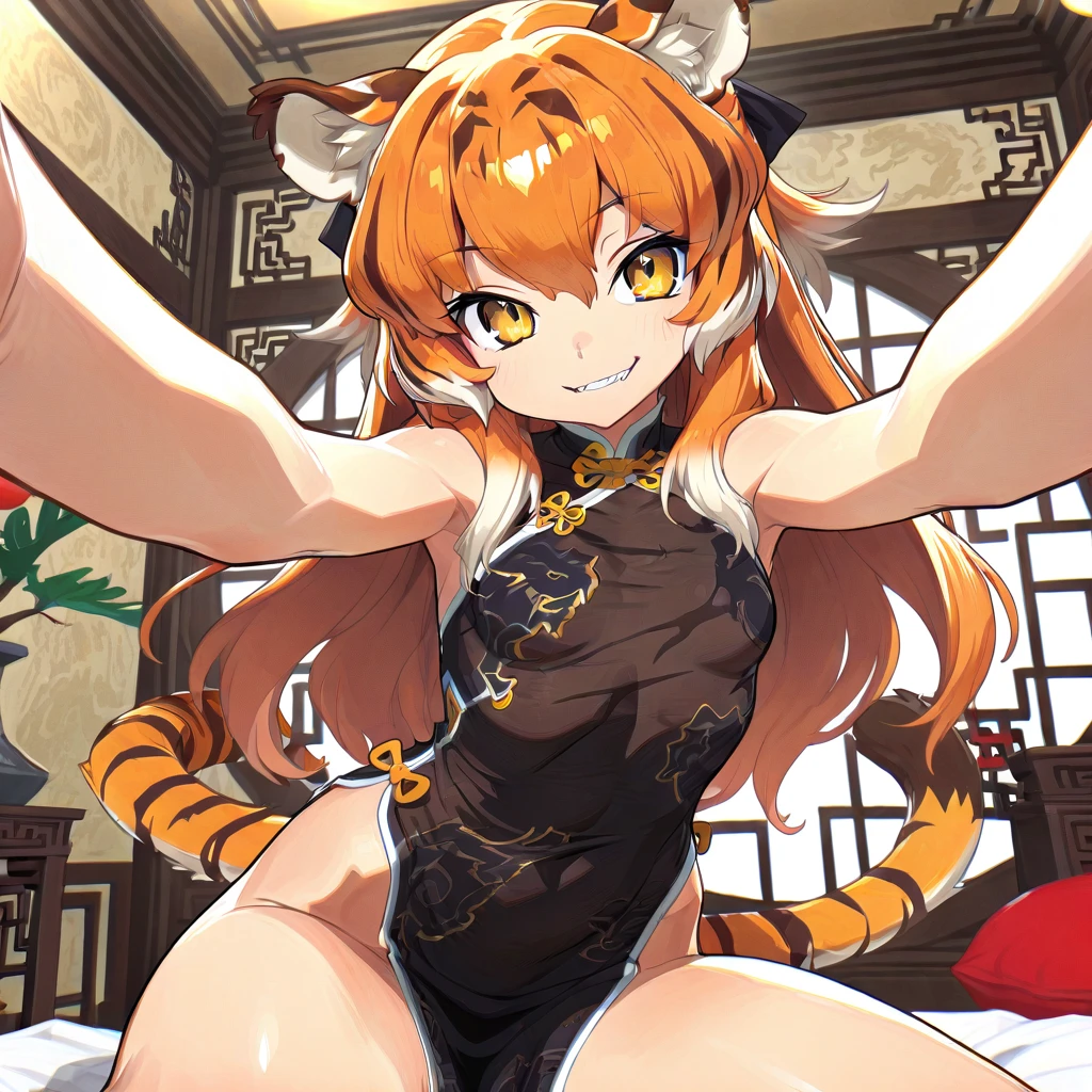 top-quality、​masterpiece、Tiger costume、girl with、Rough Tiger Pose、Flames in the background、Burning