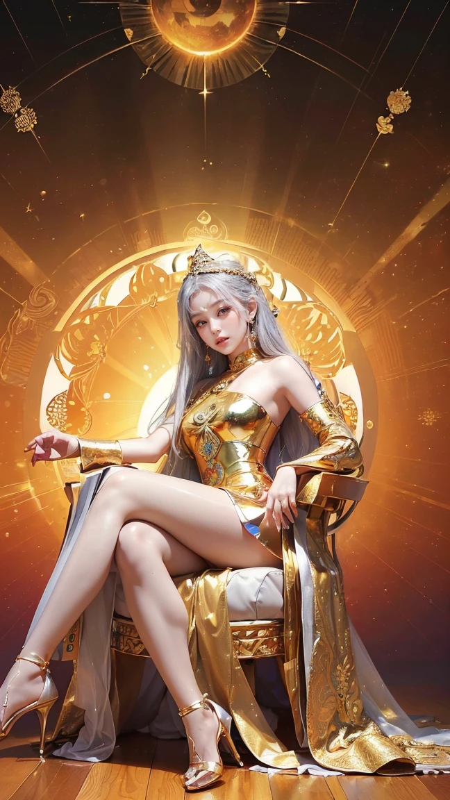 1 goddess of the zodiac from the future, wear the ao dai of the goddess of the zodiac to cover her chest, the goddess of the zodiac wears a bright yellow gold bodice, the goddess radiates a bright pink purple zodiac aura, the stars have the shape of the 12 zodiac signs, the goddess of the zodiac wearing a golden zodiac ao dai with many black details, the mythical goddess of the 12 zodiacs from the future, Zodiac sign ♏, zodiac style, dark and mystic version, Plump , Red lips are balanced and very beautiful, character by karol bak and pino daeni, intricate details, detailed background, many object of background, extra highly detailed, magic lighting, a woman, clearly drawn face, beautiful face and symmetry eyes, big round eyes and very beautiful and detailed makeup, distant focus, silk clothing, mystic adornment, full body portrait, arms loose
