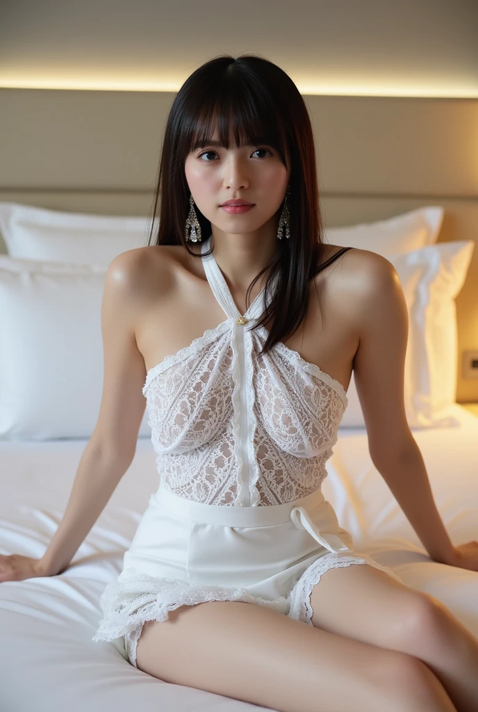 22 year old daughter in a European palace bedroom。She is wearing a short, thin, see-through camisole nightgown.。crawling on all fours