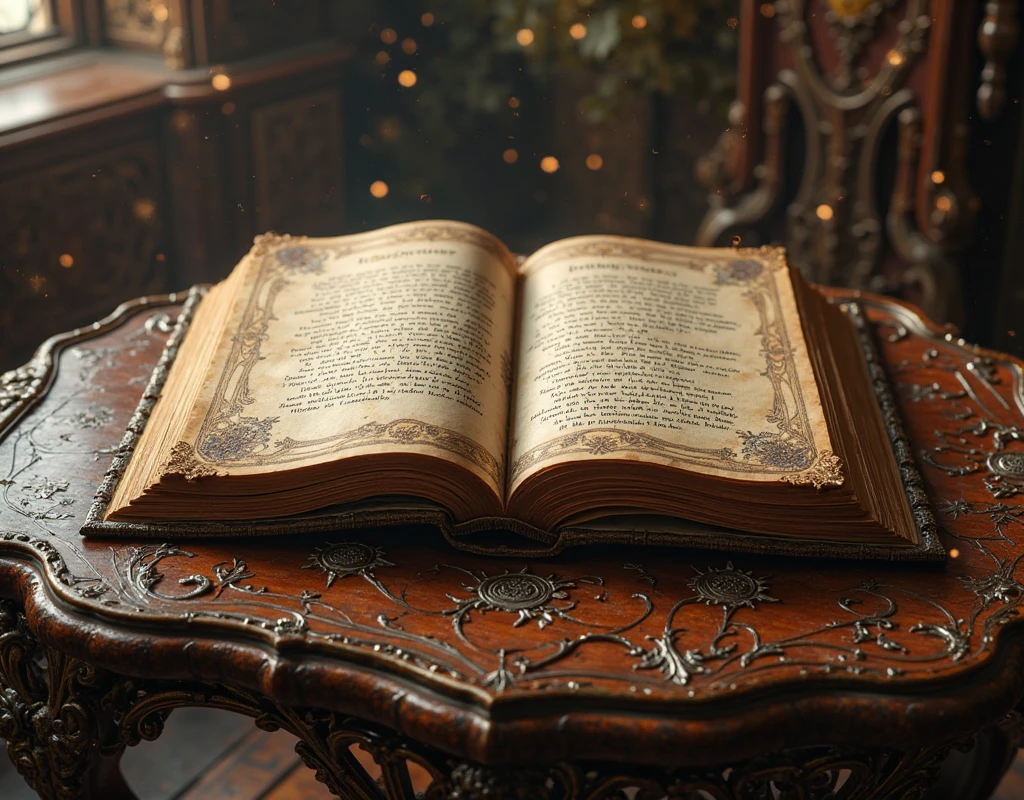 on an ornate table, a fairy tale story book, opened to the first page, on the page it reads "A long time ago in a galaxy far, far away...."