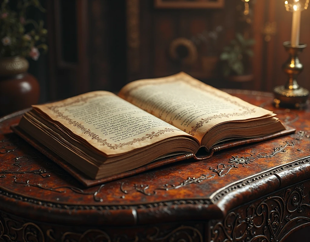 on an ornate table, a fairy tale story book, opened to the first page, on the page it reads "A long time ago in a galaxy far, far away...."