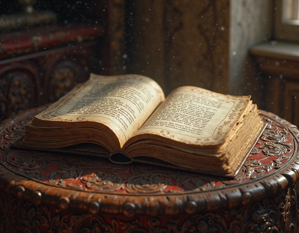 on an ornate table, a fairy tale story book, opened to the first page, on the page it reads "A long time ago in a galaxy far, far away...."