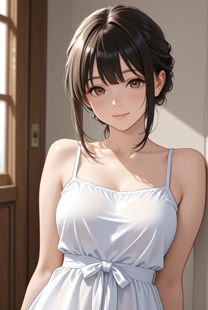 Female 26 years old,housewife,Sunlight,Smile,put on lipstick,light brown short curly hair,Tie a ponytail on the left side,Slightly plump,half moon earrings,Close-up photo of face,Home apron