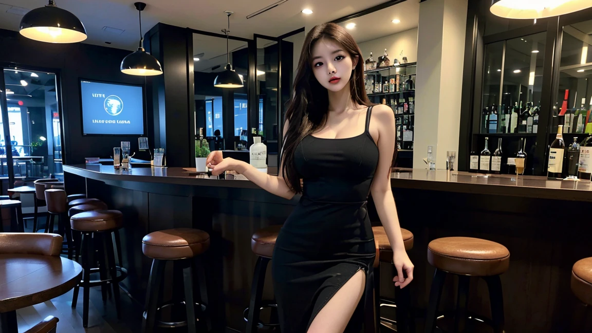 asian, (photorealistic), (unedited photo),(realistic face, detailed face),(detailed eyebrows, realistic beautiful eyes), (realistic lighting), (beautiful natural eyes), (candid picture),(eurasian),(dark natural eyes),(beautiful face), sweaty skin, soft skin, realistic skin, Huge breasts, cocktail, bar, night life, evening, indoor, long black dress, one girl, standing at the bar, crowd in the back, black dress, sitting on a high chair