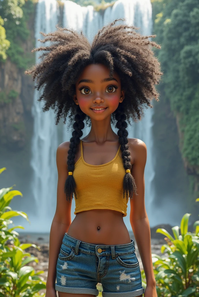 AFRICAN black girl, contagious smile, round face, 1.50 tall, 15 years, Red curly hair, blue eyes, perfect breasts, perfect butt, toned legs. CLOTHES: wet short t-shirt, tight shorts and sneakers. Confident pose with a delicate personality., with a NATURAL LANDSCAPE background.