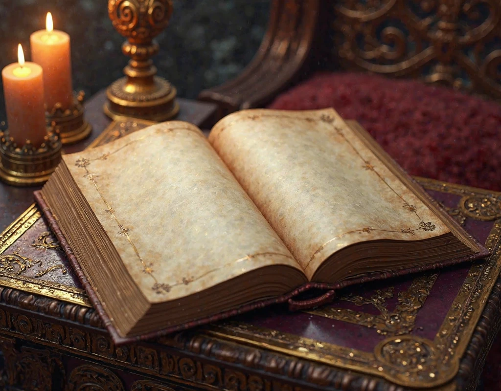 on an ornate table, a fairy tale story book, opened to the first page, on the page it reads "A long time ago in a galaxy far, far away...."