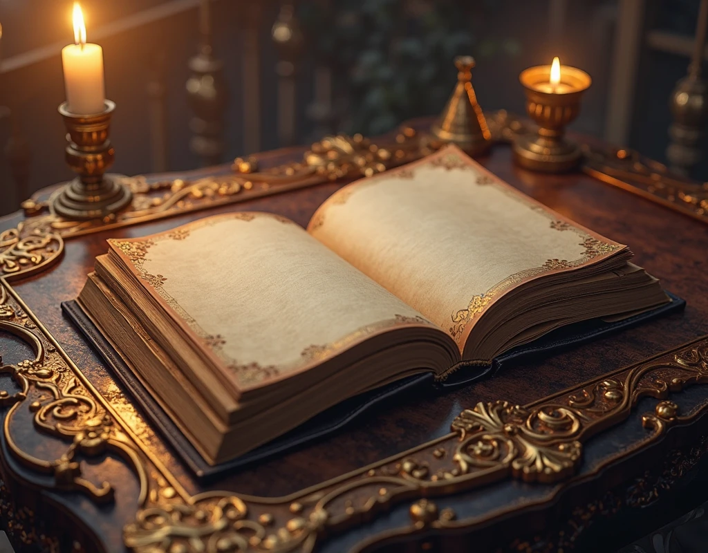 on an ornate table, a fairy tale story book, opened to the first page, on the page it reads "A long time ago in a galaxy far, far away...."