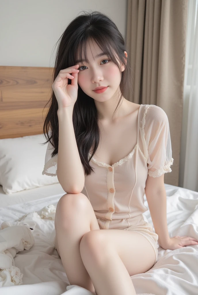 ((of the highest quality, 8K, masutepiece: 1.3, Raw photo)), Sharp Focus: 1.2, (1 AESPA Girl :1.1), Solo, (Realistic, Photorealistic: 1.37), (Face Focus: 1.1), Cute face, hyperdetailed face, short messy hair, Small Smile, small breasts, flat chest, full nude, Off-the-shoulder chiffon dress, Sitting spread legs, (night bar: 1.1), flower, iris