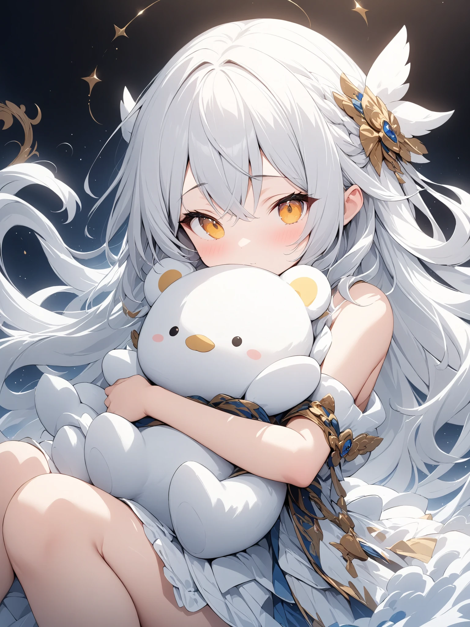 (masterpiece:1.2),high quality of wavy lines、very breathtaking、beautiful details、best image quality、((Three-dimensional works))、´・ω・｀,Hug a white plush character