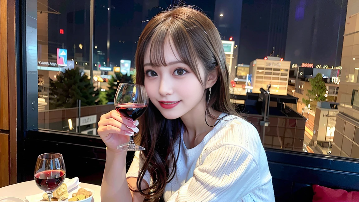 (hair, Ultra-high resolution, Highest quality, masterpiece: 1.2), (Realistic, photoRealistic: 1.37), Very detailed, One beautiful woman, (slimな顔), (The body is slim), (茶hair), (Shortcuts), cheeks turn a little red, (27 years old), 27 years old, alone, Life，wine glassが置かれている, At night, NovaFrogStyle in a prominent place, actress, model, Upper Body, White wine, slim, wine glass, Super Clean night View, wine glass Put in the Middle, Happy smile, (smile: 1.15), Beautiful Eyes, Upper Body, Destroy Japan, night, short, short, actress, model, Upper Body, White wine, slim, wine glass, Super Clean night View, wine glass Put in the Middle, Happy smile,longhair,wave hair、Hotel Rooms、Sit on the sofa