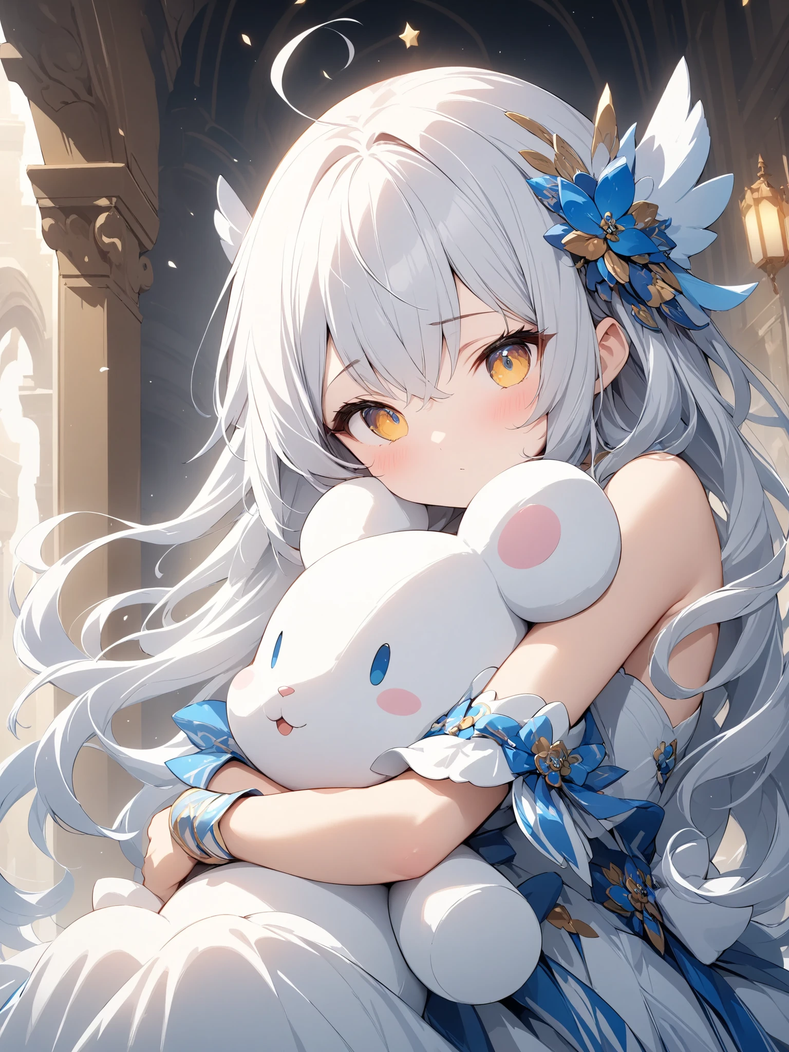 (masterpiece:1.2),high quality of wavy lines、very breathtaking、beautiful details、best image quality、((Three-dimensional works))、´・ω・`,Hug a white plush character