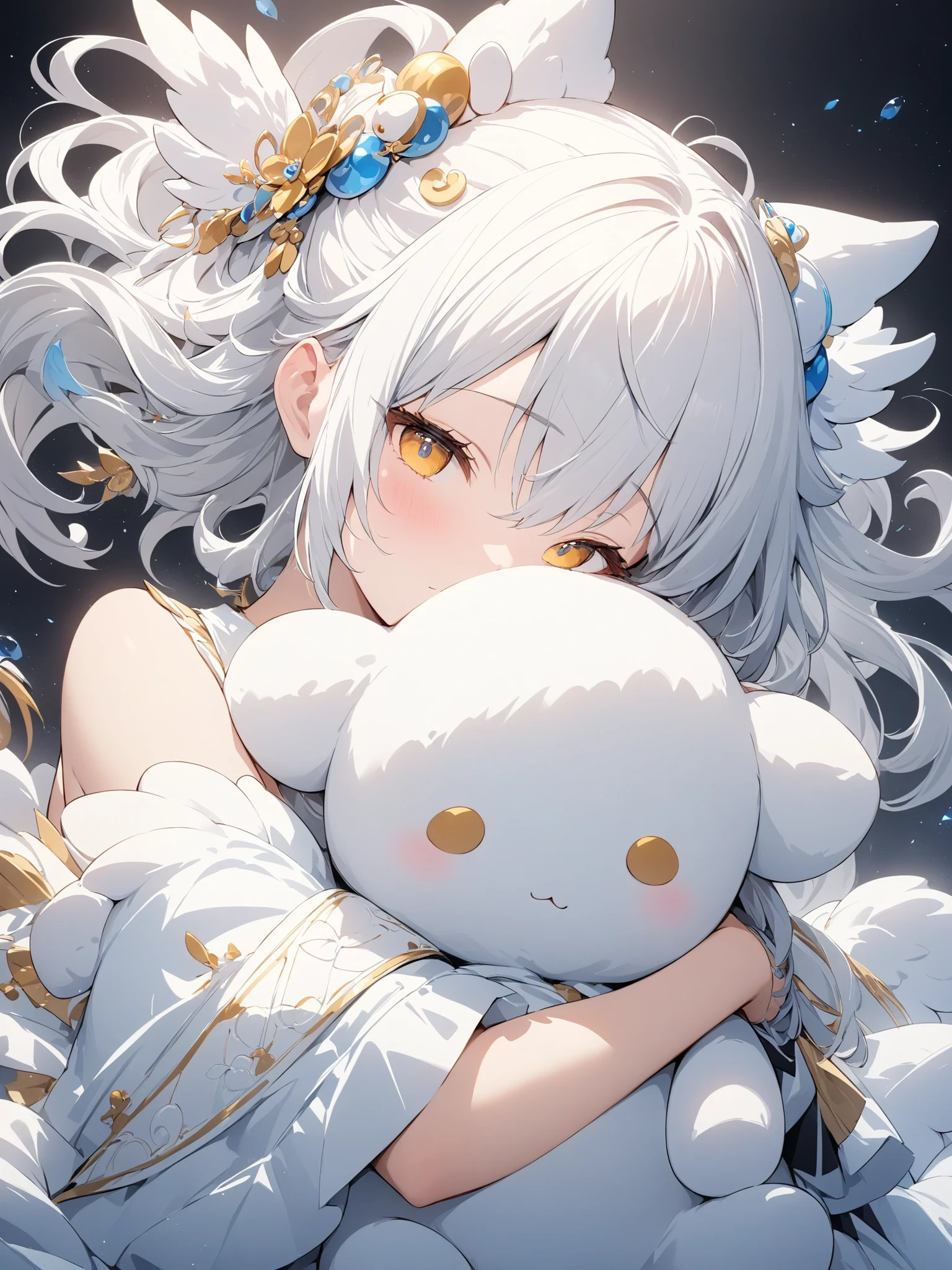 (masterpiece:1.2),high quality of wavy lines、very breathtaking、beautiful details、best image quality、((Three-dimensional works))、´・ω・｀,Hug a white plush character
