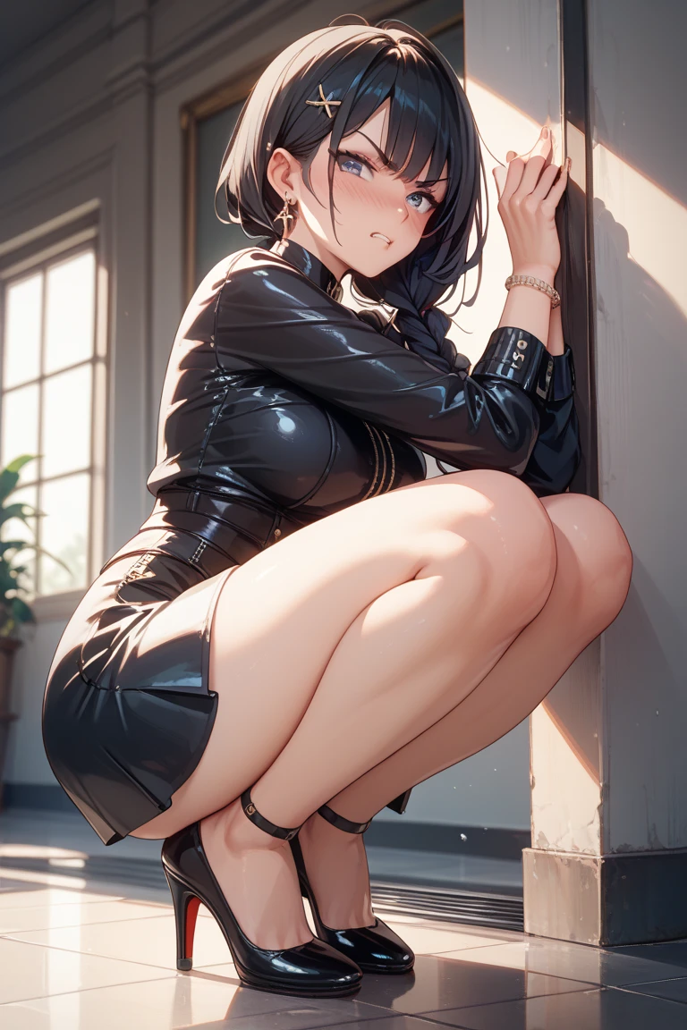 Black tight shirt, black short hair, larg breast, fishnets leggings, black workout short, sitting, leg on leg