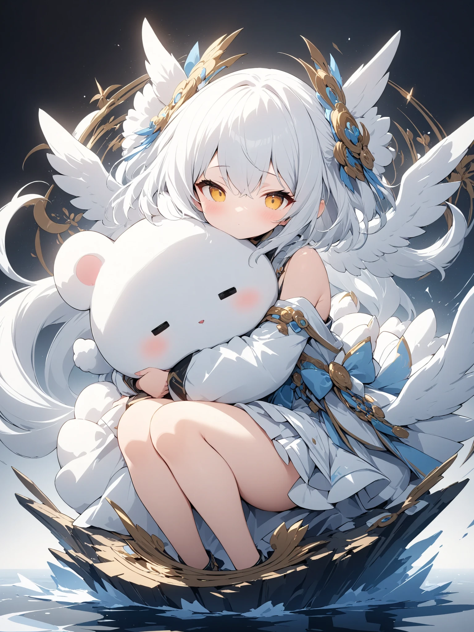 (masterpiece:1.2),high quality of wavy lines、very breathtaking、beautiful details、best image quality、((Three-dimensional works))、´・ω・`,Hug a white plush character