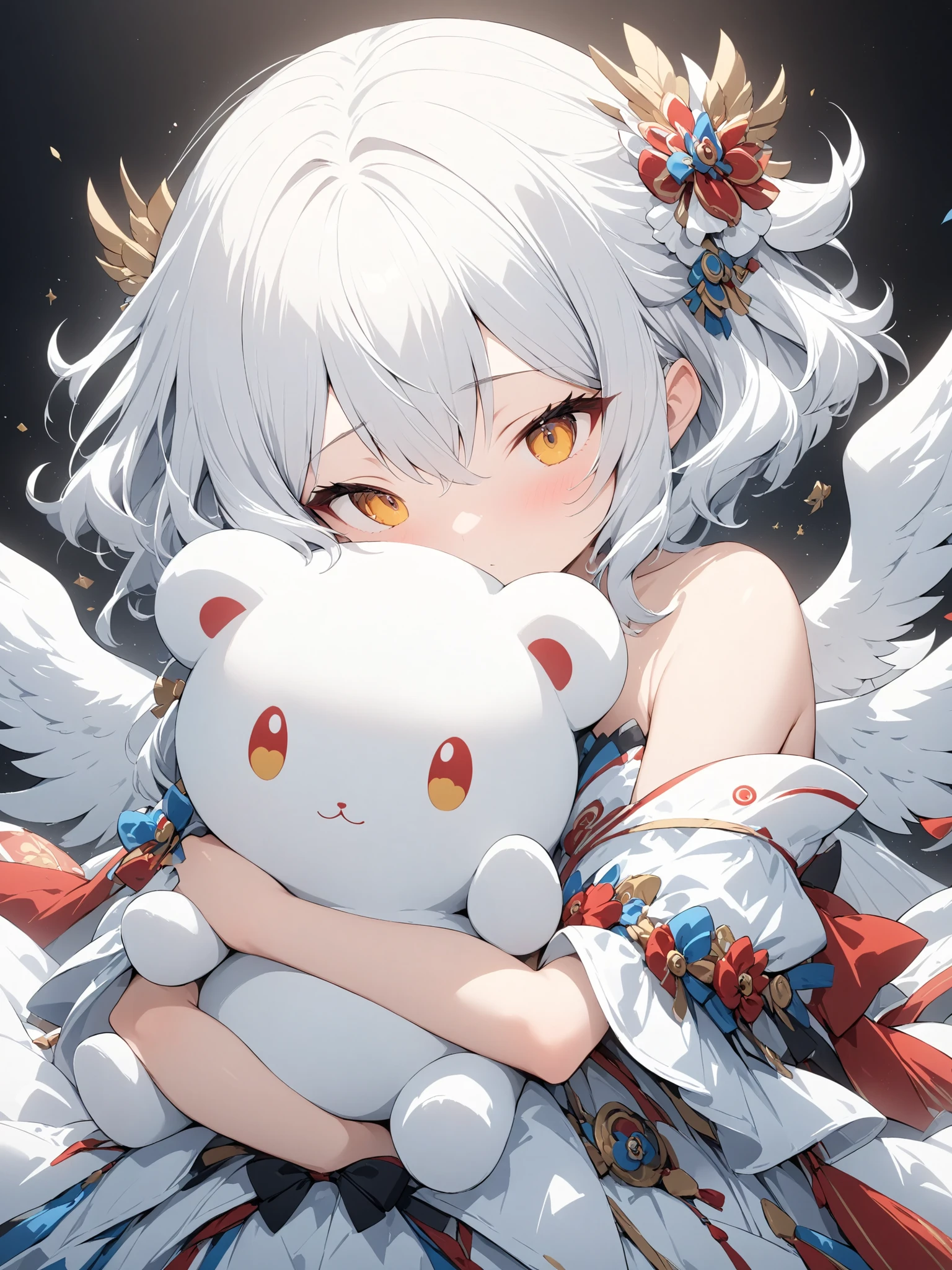 (masterpiece:1.2),high quality of wavy lines、very breathtaking、beautiful details、best image quality、((Three-dimensional works))、´・ω・`,Hug a white plush character