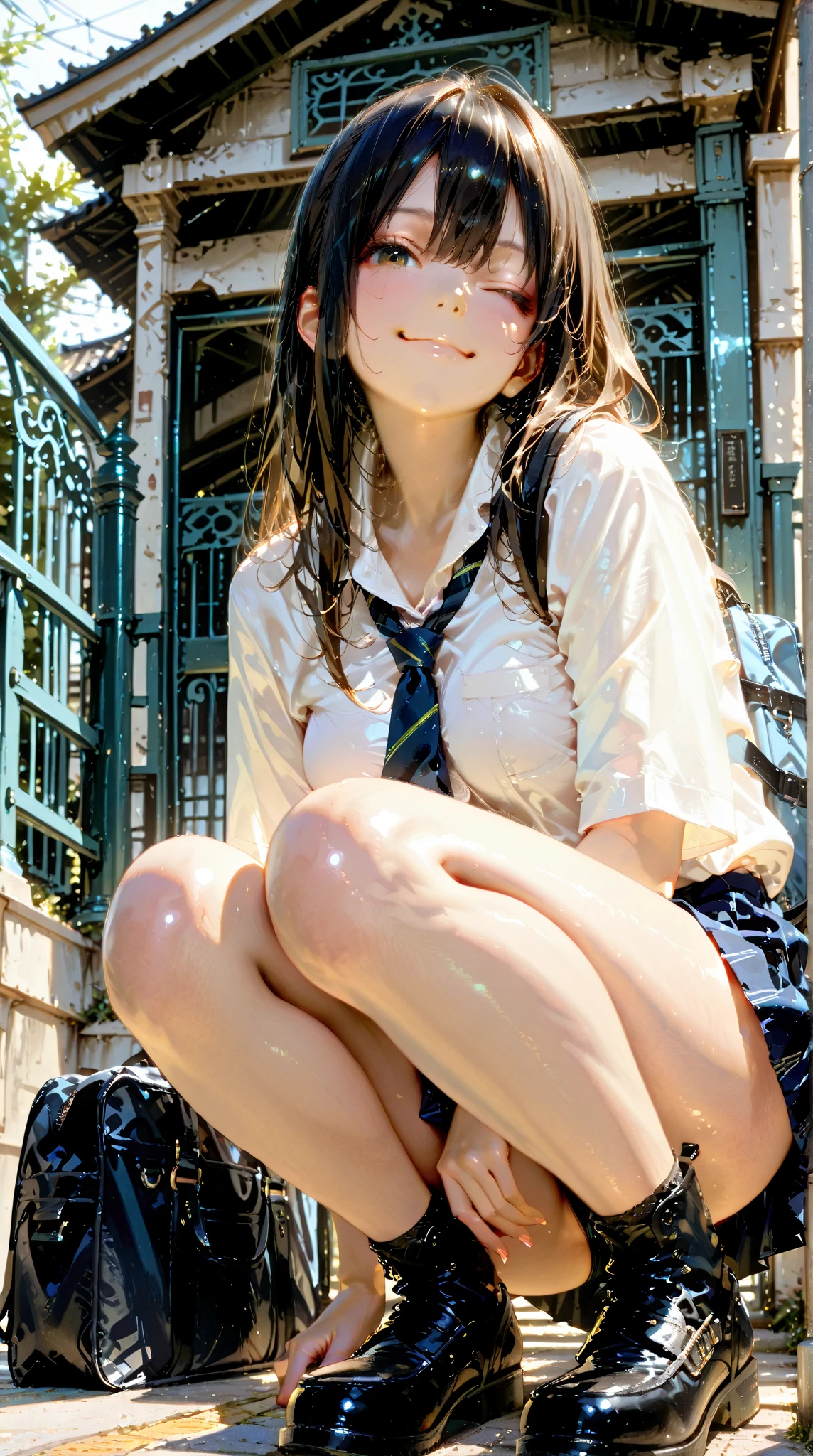 20 yo woman in a school uniform is playing in the water, at the beach, wet sand, waves, long sleeves, (cardigan), ((school tie)), (white shirt), ((loose tie)), ((pleated skirt)), closeup fantasy with water magic, beautiful maiden, wearing a skirt made of water, photorealistic, dripping wet, in water up to her shoulders, beautiful realistic photo, nymph in the water, hyperrealist portrait at seaside, hyperrealistic fantasy photo, splashing, cute shot, narrow depth of field, 8k, ((drenched)), ((soaked)), (dripping water), dripping oil, heavy clothes, soaked in oil, ((wet all over)), ((wet dripping hair)), black ponytail, glasses, thai woman, smiling at viewer, (see through), varied poses