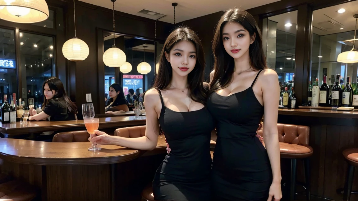 (Masterpiece, best resolution: 1.2), (brown eyes), seduction, smile, long brown hair, small breast, high-definition facial features, 8K, double eyelids, delicate facial feature, ((italian restaurant)), ((red maxi dress)), sitting on a chair, dinner