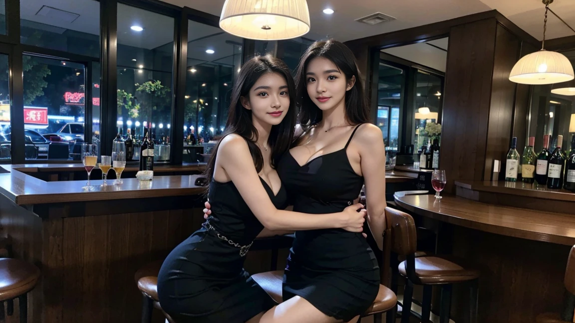 asian, (photorealistic), (unedited photo),(realistic face, detailed face),(detailed eyebrows, realistic beautiful eyes), (realistic lighting), (beautiful natural eyes), (candid picture),(eurasian),(dark natural eyes),(beautiful face), sweaty skin, soft skin, realistic skin, Huge breasts, cocktail, bar, night life, evening, indoor, long black dress, one girl, standing at the bar, crowd in the back, black dress, sitting on a high chair