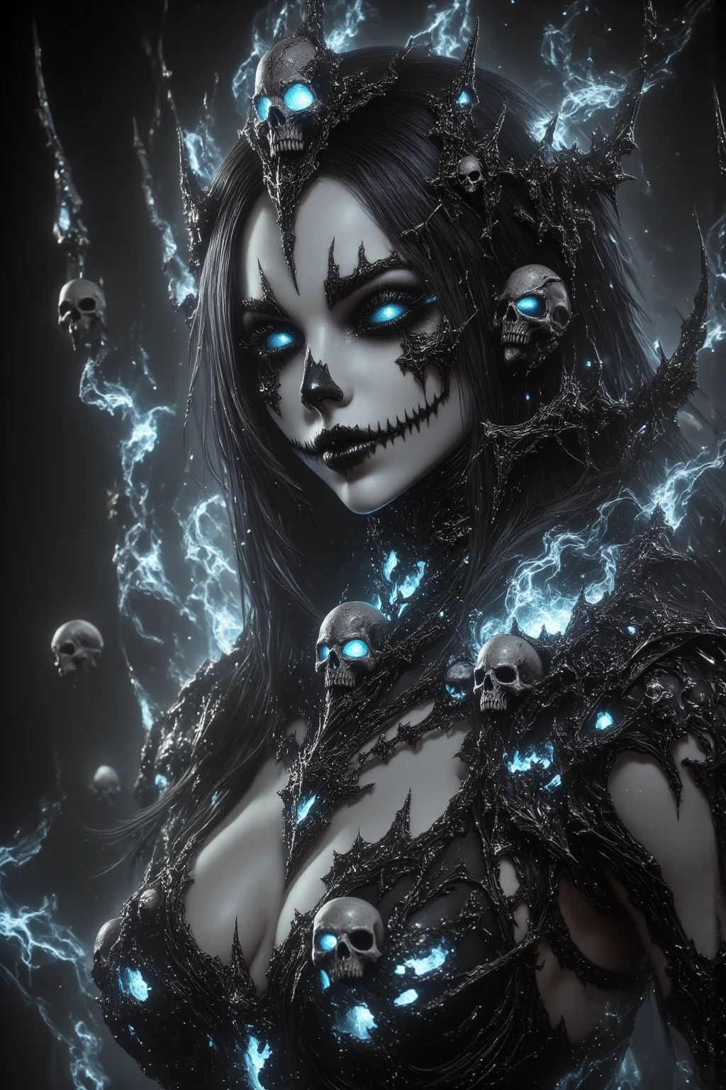 In the deep darkness, the skeletal lady appeared gracefully, her whole body delicate and delicate, and her facial features looming. The starry sky shines brightly on her figure, and the picture is as clear as the real world in UHD, 8k, 16k, 32k