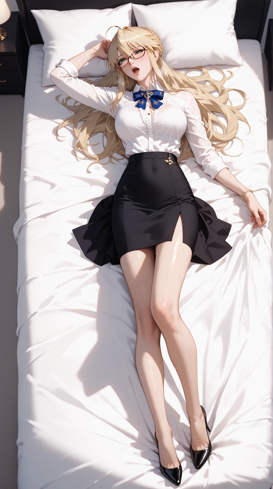 (masterpiece、top-quality、hight resolution、Unity 8k、extremely details CG:1,Best Picture), ((pov)), Female teachers seducing pupils. Pantyhose. Shirt and skirt. Eyes inviting to bed. nsfw, artoriaLancer, braid